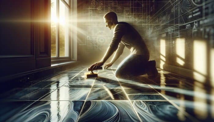 Individual in West Dunbartonshire cleaning slate floors naturally, sunlight illuminating the glistening surface.