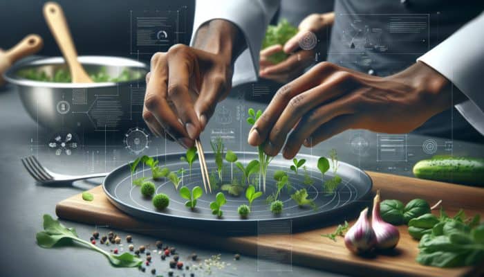 Skilled hands arranging vibrant green herb garnishes on a beautifully plated dish.