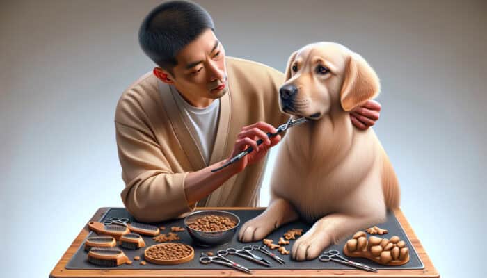 A dedicated groomer gently trimming a calm dog using fur trimming tools, with treats positioned nearby for encouragement.