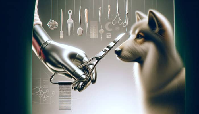 A tranquil grooming session with a calm pet using appropriate, well-maintained fur trimming tools in a serene, familiar setting.