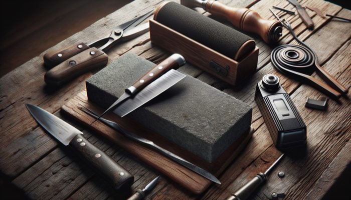BBQ carving knife sharpening on whetstone, leather strop, and electric sharpener on rustic wooden table.
