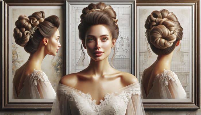 Elegant bride showcasing timeless updos: French twist, chignon, bun, amplifying her radiant beauty on her wedding day.