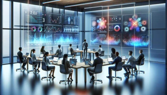A digital dashboard displaying micro-conversion success rates with experts analysing data in a contemporary office.