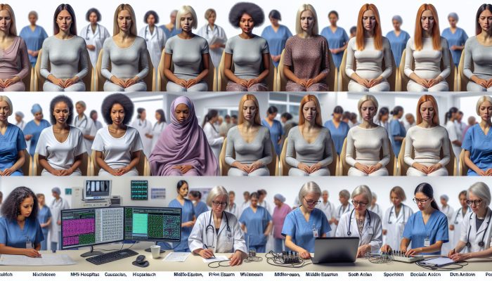 Diverse group of UK women accessing biofeedback services through NHS, private clinics, and women's health centres.