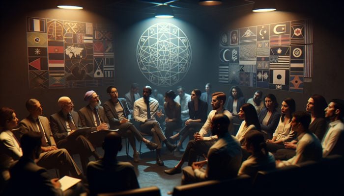 A diverse group of experts discussing curfew survival strategies in a dimly lit room with maps and charts.