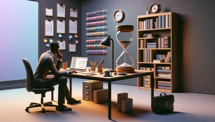 Person using Pomodoro Technique at home office, with timer, organized space, and task list.