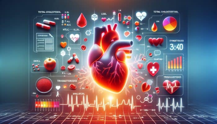 A medical chart showing cholesterol levels: total, LDL, HDL, triglycerides, with a healthy heart background.