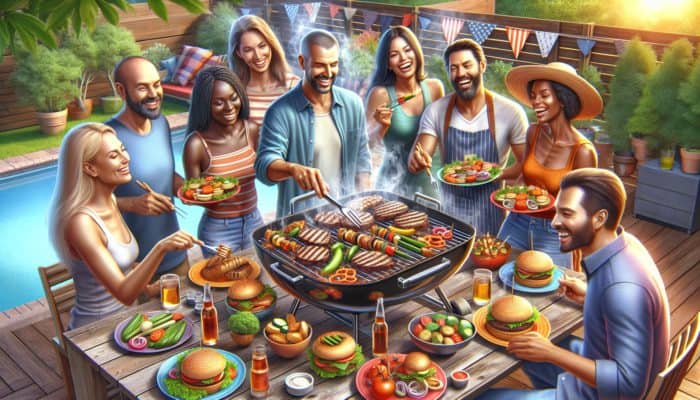 A vibrant backyard BBQ scene with beginners grilling steaks, burgers, and vegetables, enjoyed by cheerful friends.