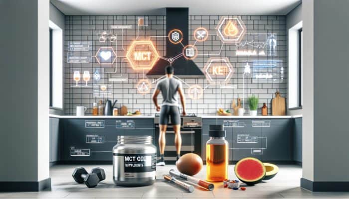 Person in modern kitchen taking MCT oil in morning, exogenous ketones before workout, and midday electrolytes for energy and metabolism.