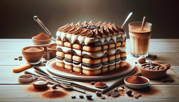 Tiramisu with ladyfingers soaked in espresso and Marsala liqueur, topped with cocoa powder.