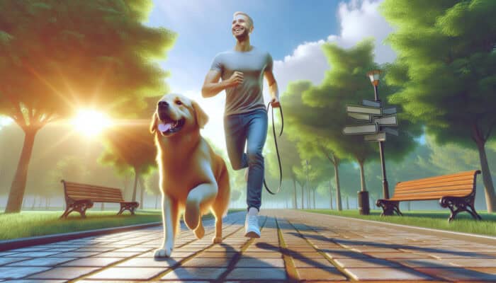 A person and dog, energetic and happy, starting a morning walk in a vibrant park.