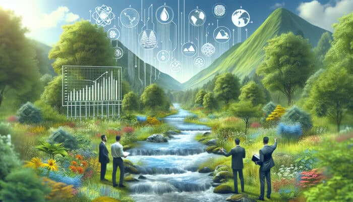 A serene Burnaby landscape with a well-designed outdoor drainage system, experts discussing water flow amidst lush greenery.