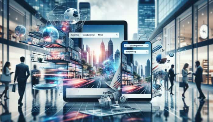 E-commerce website displayed on smartphone and laptop, highlighting intuitive navigation, fast loading, mobile responsiveness in a Bampton business setting with shoppers.