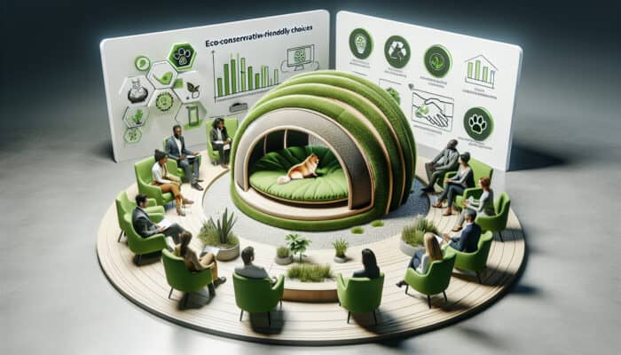 A cozy pet bed crafted from recycled materials, discussed by experts in a green-themed studio.