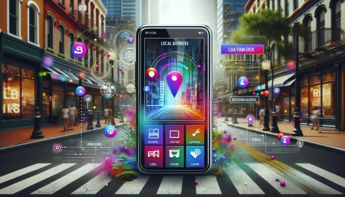 A smartphone showing a fast, user-friendly local business website with a responsive design and urban backdrop.