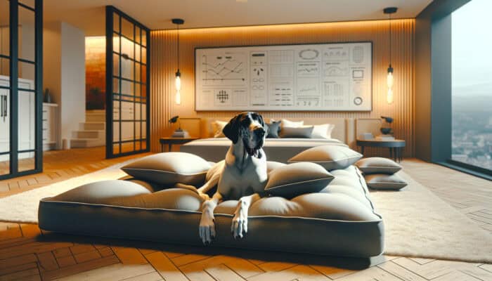 A spacious, cozy bedroom for a Great Dane featuring a large, orthopedic dog bed and supportive pillows.