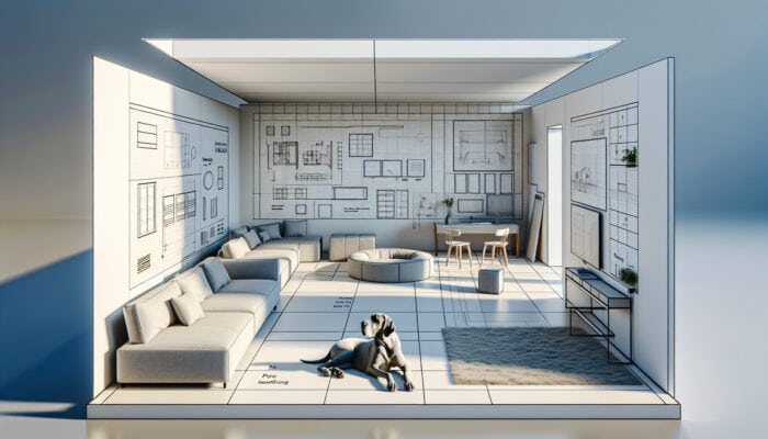 A modern living room designed for a Great Dane featuring open pathways, an elevated bed, and distinct areas for play, eating, and resting.