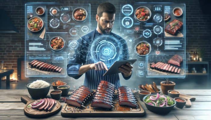 A BBQ competitor utilizing an AI tablet interface to optimise recipes, adjusting temperature and spice ratios, with various enhanced BBQ dishes displayed.