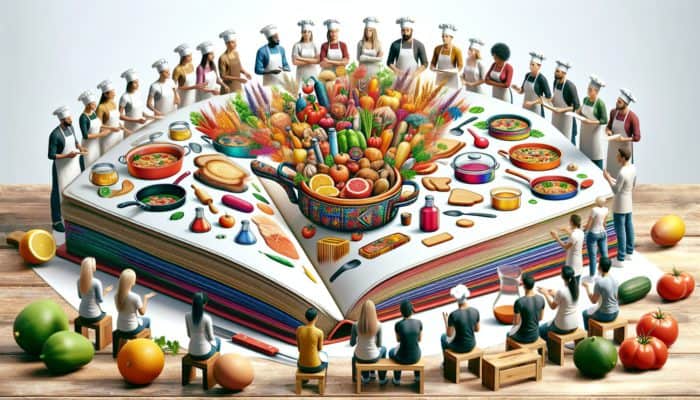 Warm kitchen atmosphere with novice cooks learning easy recipes from expert chefs using an illustrated cookbook.