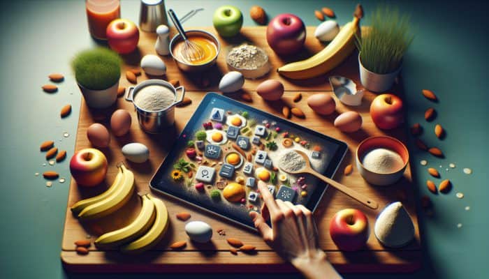 A novice cook utilizes a tablet to learn about ingredient substitutions in a bright kitchen, surrounded by eggs, applesauce, bananas, almond flour, and oats.