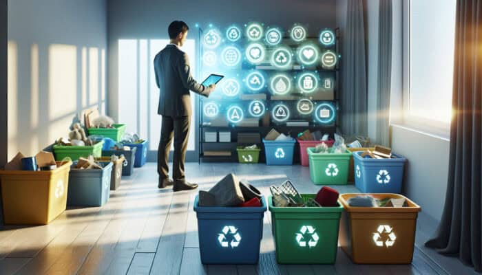 Individual sorting items into recycling, reusing, and donating bins, using a tablet with sustainability tips and local group contacts.