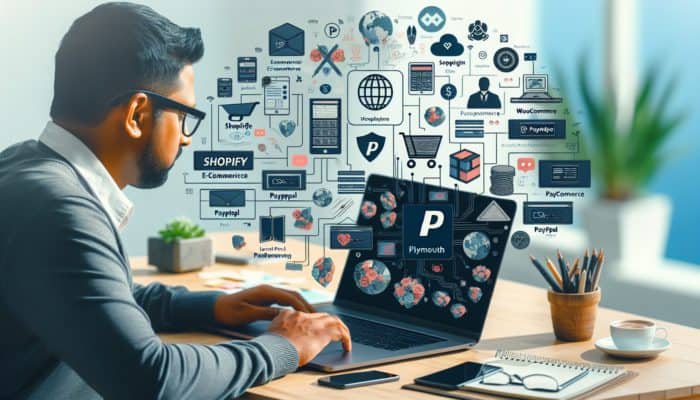 A small business owner configuring e-commerce on a laptop featuring logos of Shopify, WooCommerce, Magento, PayPal, and Stripe.