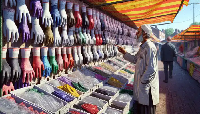 Individual in Eastleigh market evaluating durable polythene gauntlet gloves at a vendor's stall.