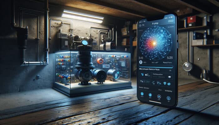 Advanced smart pump and moisture sensors in a crawl space, activating and sending alerts to a smartphone for effective moisture management.