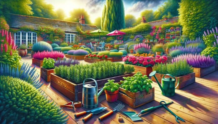 A vibrant UK garden with rosemary, basil, and mint beds, surrounded by gardening tools in a sunny setting.