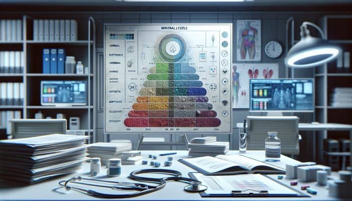 A medical report illustrating mineral levels with colour-coded classifications for normal, deficient, and excessive ranges, alongside a stethoscope and health documentation.