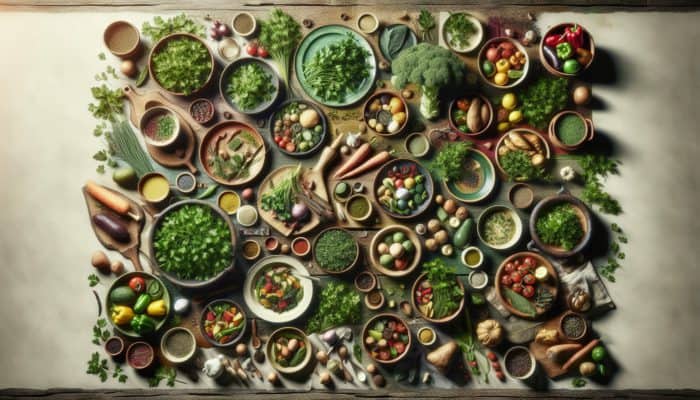 Fresh parsley garnishing colourful dishes on a rustic wooden table, enhancing flavour and appeal.