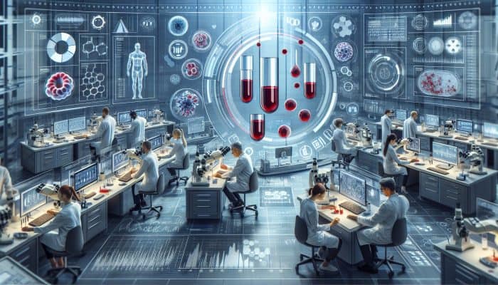 Illustration of full blood count analysis being conducted in a modern Radcliffe laboratory featuring professionals and advanced equipment.