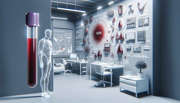 An illustration of a ferritin blood test in a UK clinic, highlighting diagnosis of iron deficiency and overload.