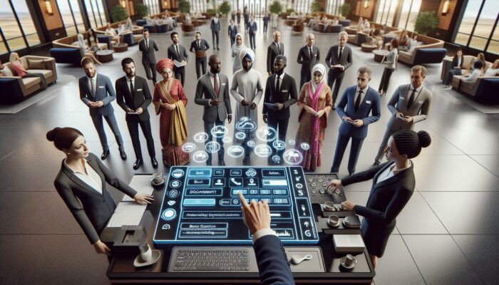 Hotel staff interacting with diverse guests in a luxurious lobby, using modern booking software and engaging in role-play for enhanced service.