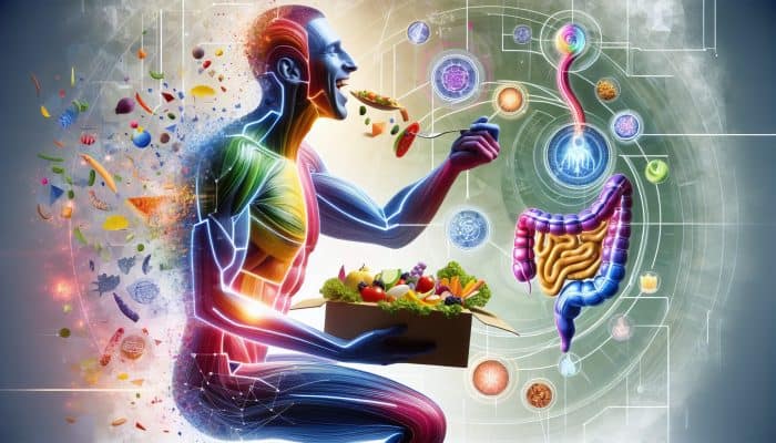 Person enjoying a colorful meal, with digestive system illustration and health symbols.