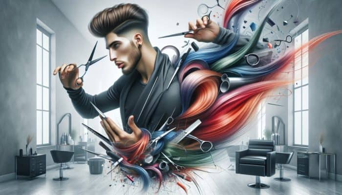 A hairstylist expertly balancing asymmetrical cuts with scissors, amidst vibrant hair colors and modern salon decor.