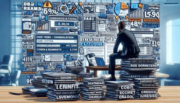 Person at desk reviewing financial documents, contemplating debt consolidation risks with charts and caution signs.