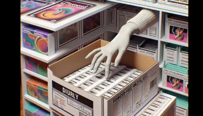 A hand in powder-free vinyl gloves reaching for a box on a shelf, with expert advice pamphlets nearby in a Fleetwood store.