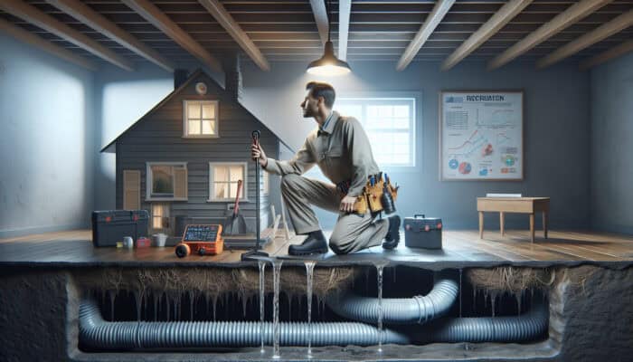 A professional inspecting a damp crawl space using modern drainage tools, ensuring quality and compliance with codes.