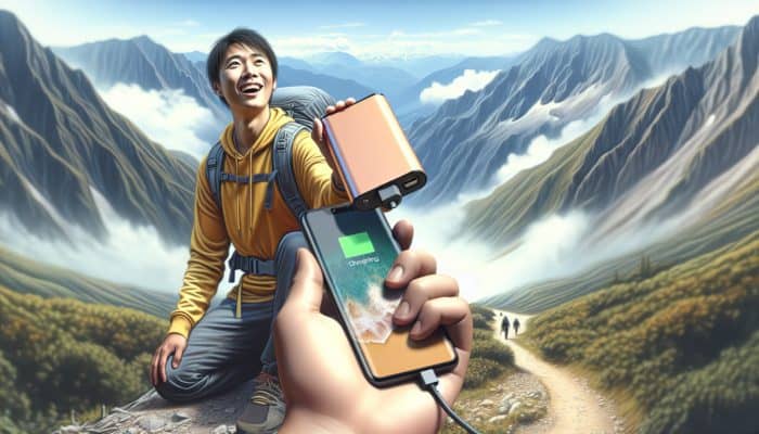 Hiker using portable power bank to charge smartphone on remote trail, surrounded by mountains.