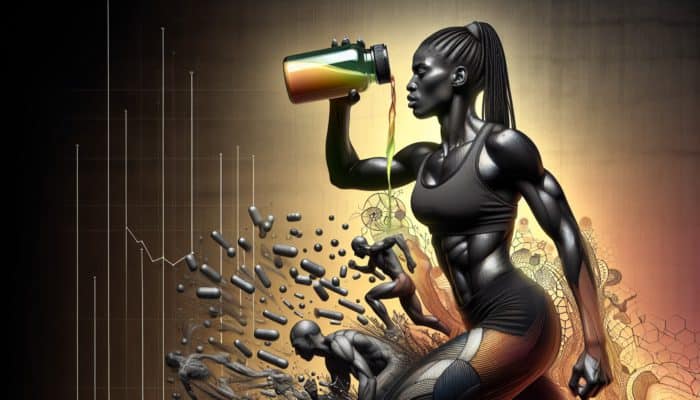 Athlete consuming glutamine supplement post-training; charts illustrate declining levels during illness and injury.