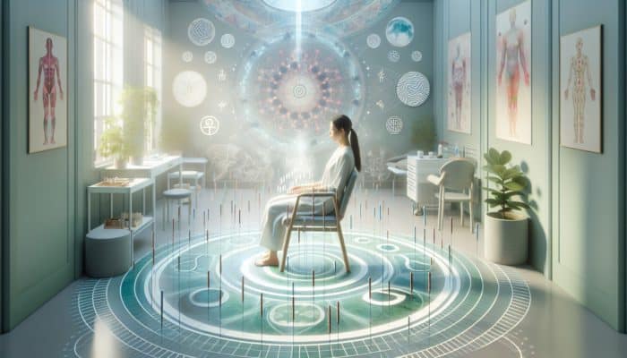 A woman receiving acupuncture in a serene UK fertility clinic, surrounded by calming colours and traditional Chinese symbols, depicting a tranquil treatment environment.