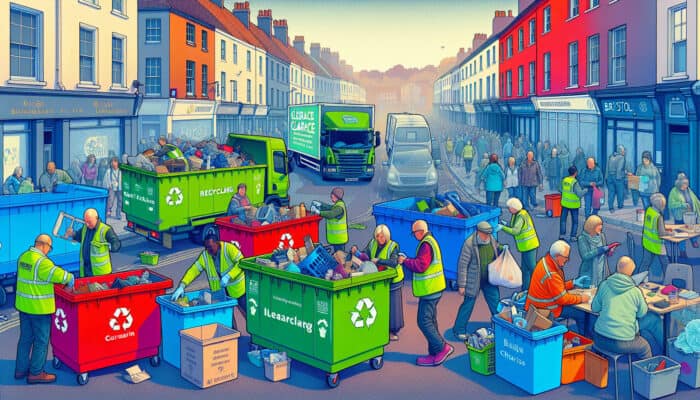 A vibrant Bristol street scene with eco-friendly clearance trucks and workers sorting items into bins labelled 'Recycle', 'Reuse', 'Donate', surrounded by local charity logos and happy community members.