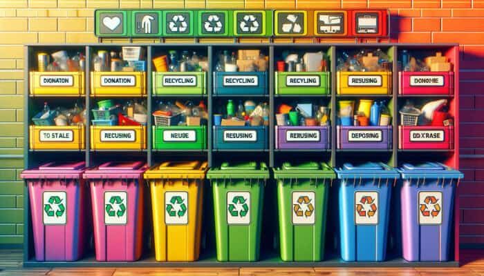 A colorful sorting station with bins labelled 'donate', 'recycle', 'reuse', 'dispose', filled with household items.