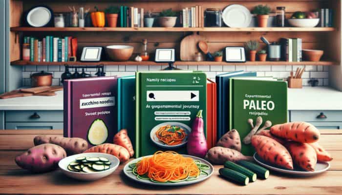 A family kitchen with zucchini noodles, sweet potatoes, and paleo recipe books on the table.