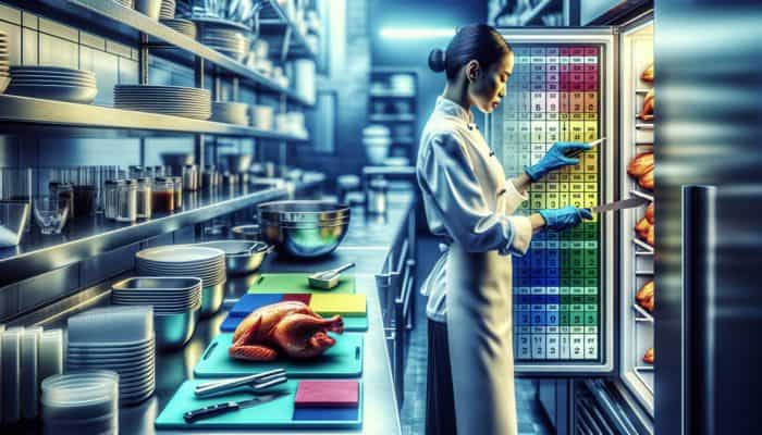 A chef in a high-end kitchen using colour-coded boards and cleaning utensils, with chicken marinating in a refrigerator.