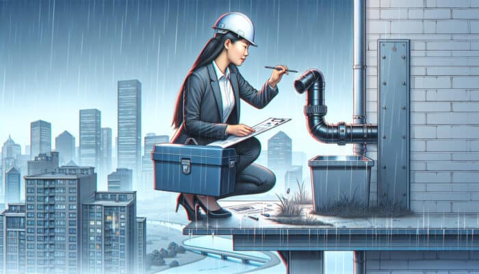 A professional inspecting a modern downspout system on a Richmond home during light rain, with city skyline in the background.