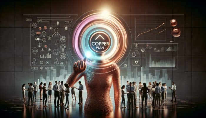 A person selecting the Copper Plan on the EasyGold website, with a team setting up while the website thrives with rising visitor graphs.