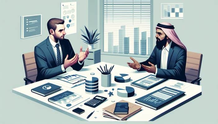 A business owner and financial expert discussing debt consolidation strategies with charts in a modern office.