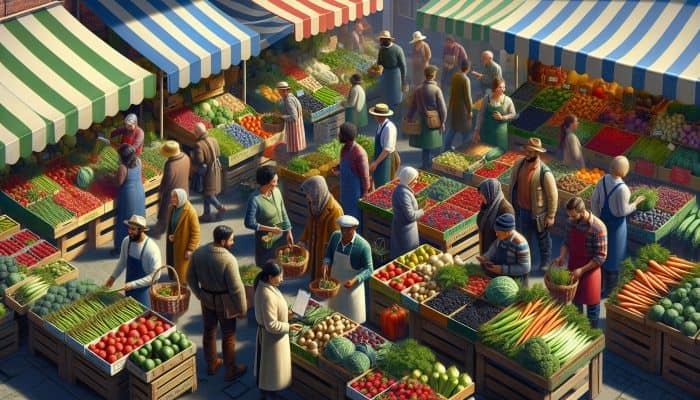 UK farmers' market featuring seasonal produce: asparagus, berries, parsnips, kale, displayed at colourful stalls.